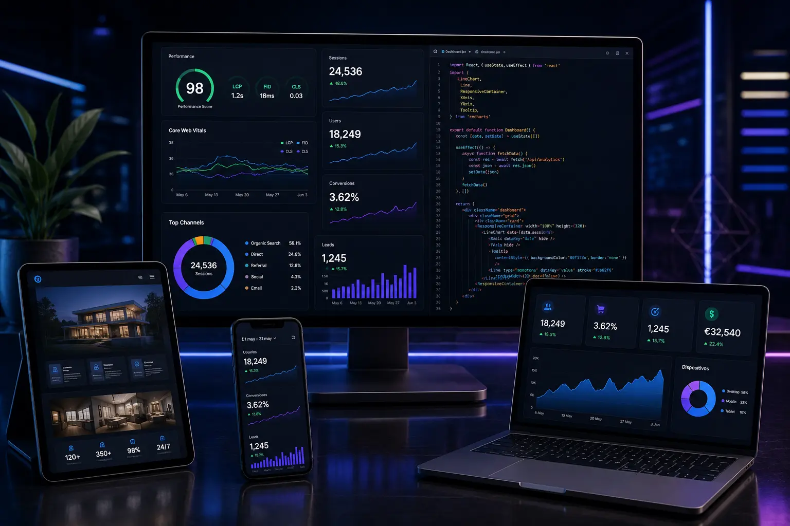Desarrollo web empresarial con diseño responsive, rendimiento, SEO técnico, analítica y formularios conectados